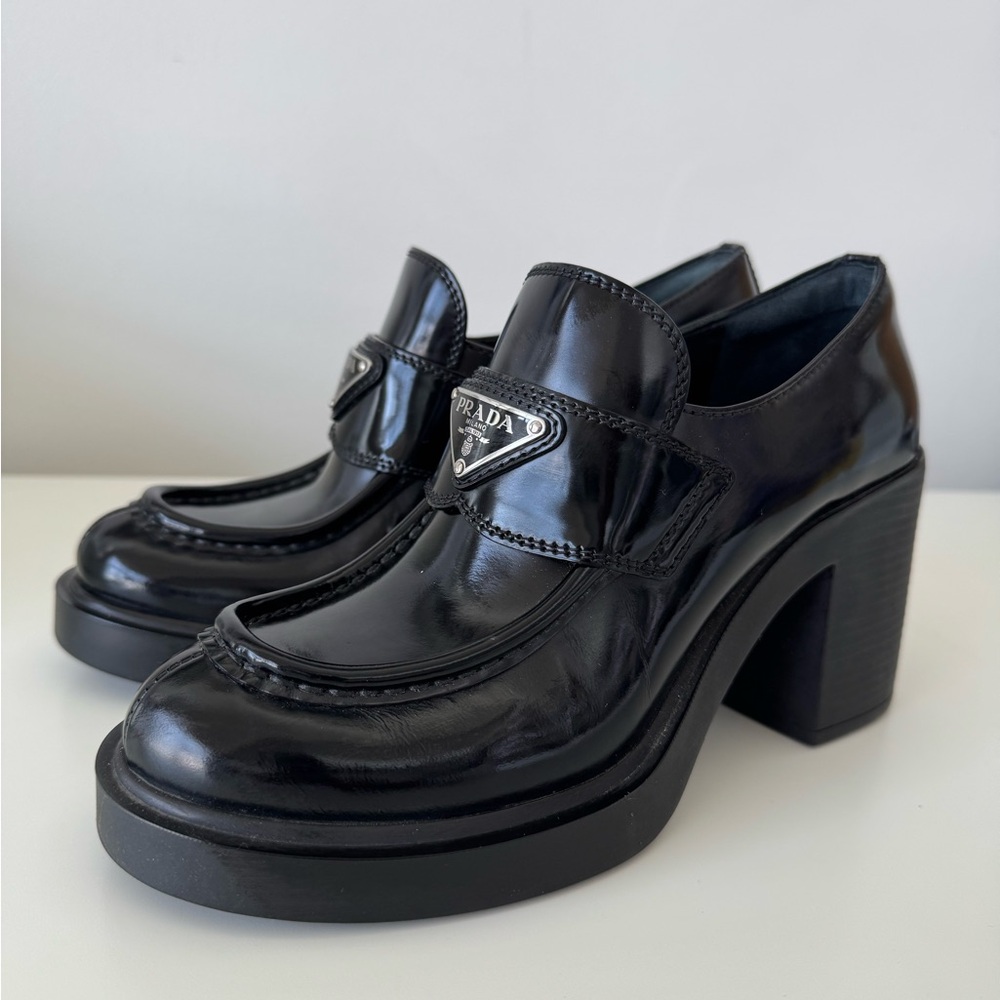 Prada Women's Chocolate Brushed Leather Heeled loafers size 36.5 - Picture 4 of 16